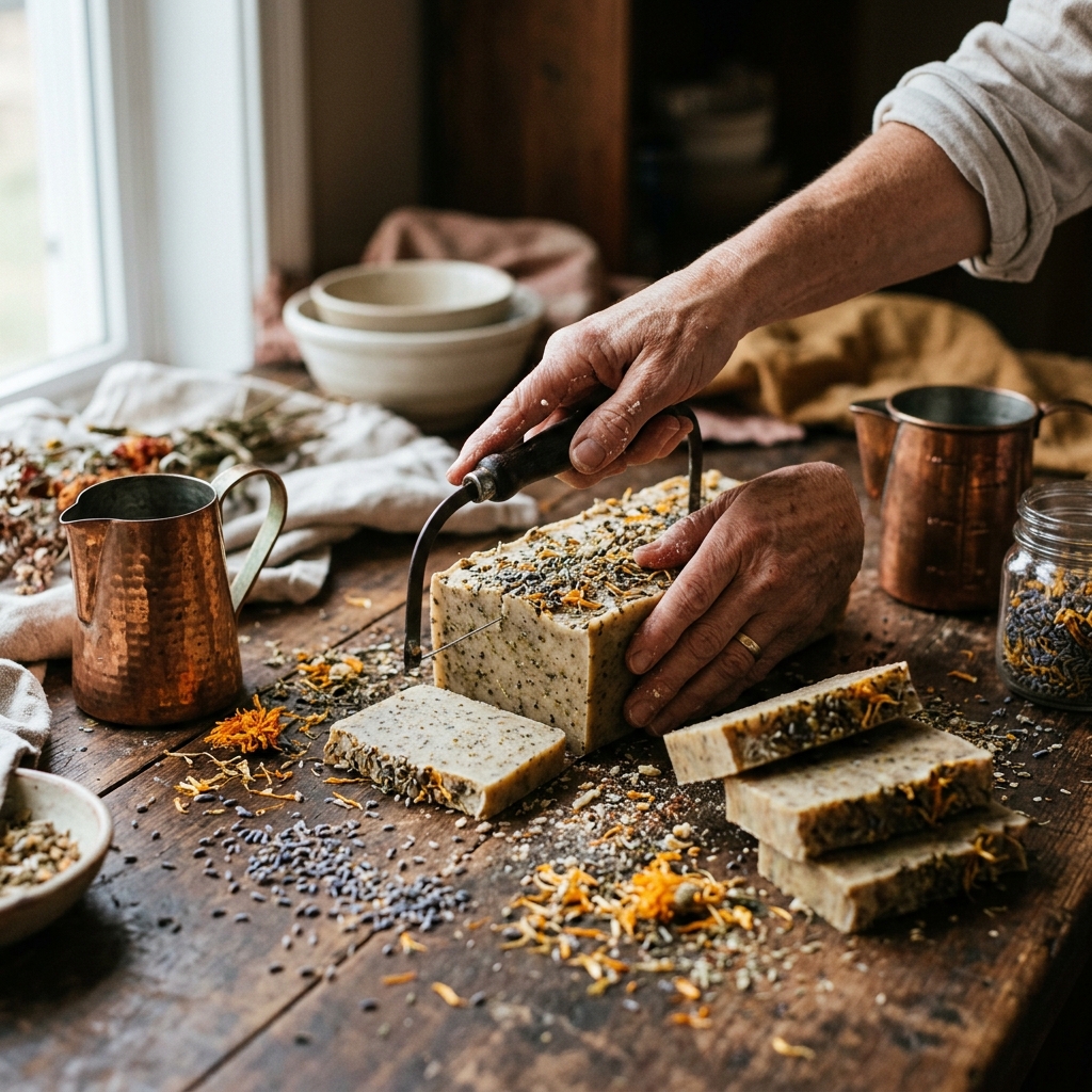 Handmade soap cutting process